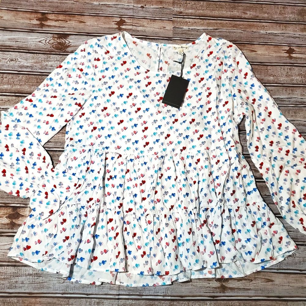 Jane and Delancey Heart Print White Top NWT Size Large
